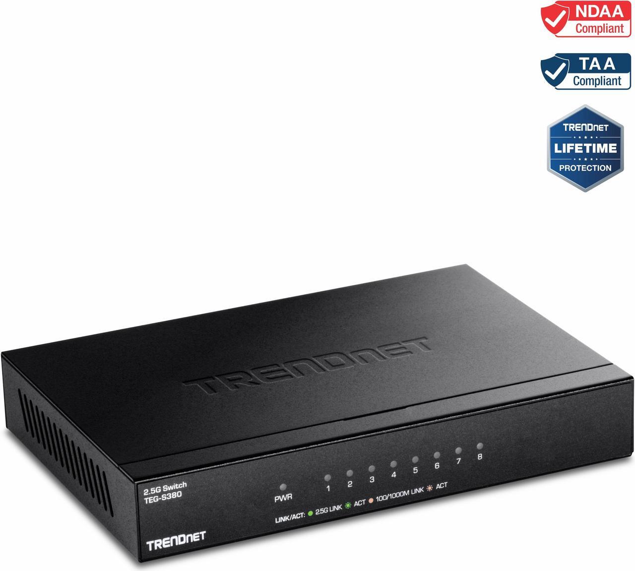 Main image of TRENDnet 8-Port Unmanaged 2.5G Switch, 8 x 2.5GBASE-T Ports, 40Gbps Switching Capacity, Backwards Compatible with 10-100-1000Mbps Devices, Fanless, Wall Mountable, Black, TEG-S380