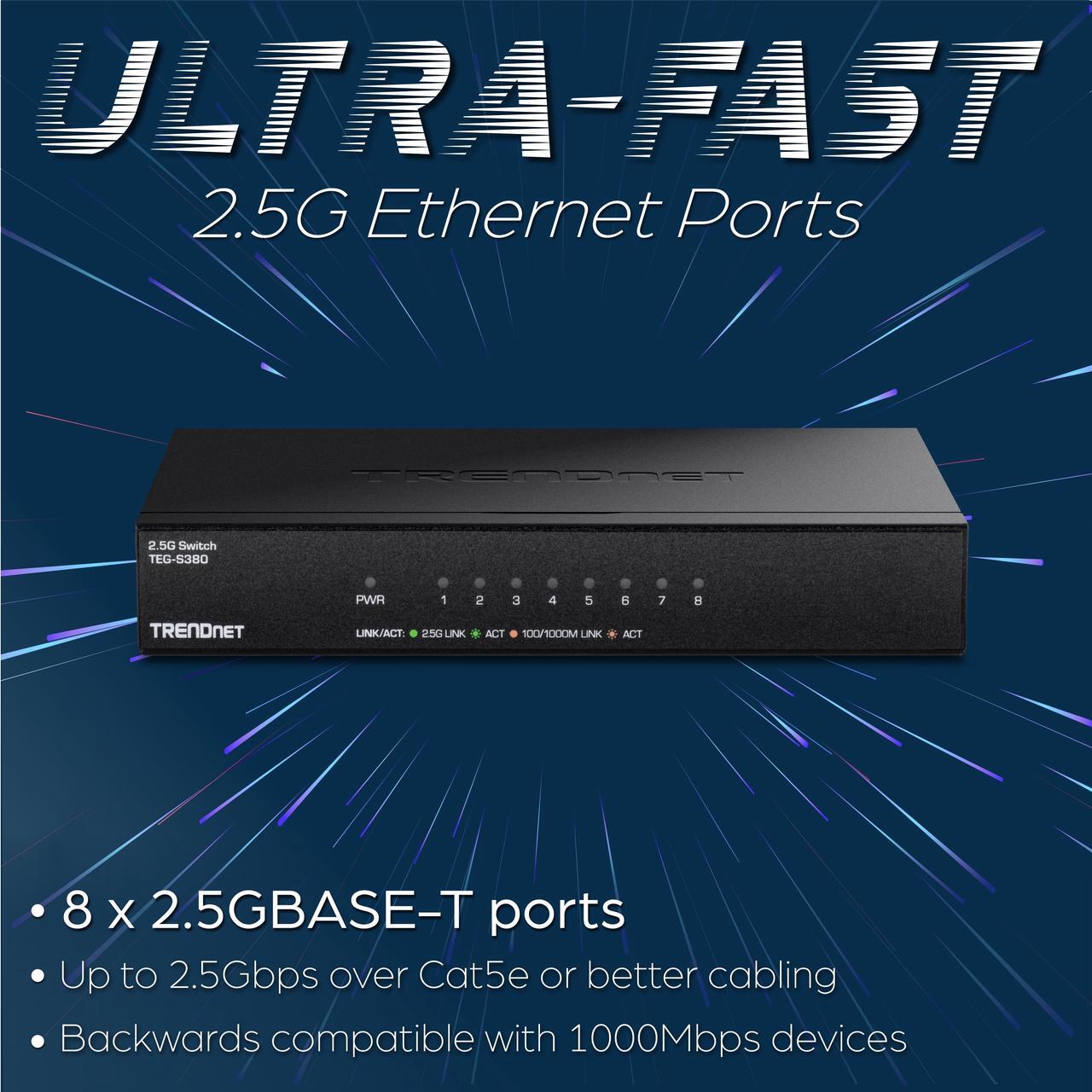 Alt view image 4 of 7 - TRENDnet 8-Port Unmanaged 2.5G Switch, 8 x 2.5GBASE-T Ports, 40Gbps Switching Capacity, Backwards Compatible with 10-100-1000Mbps Devices, Fanless, Wall Mountable, Black, TEG-S380