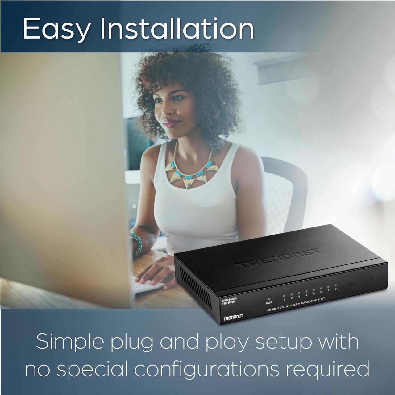 Alt view image 5 of 7 - TRENDnet 8-Port Unmanaged 2.5G Switch, 8 x 2.5GBASE-T Ports, 40Gbps Switching Capacity, Backwards Compatible with 10-100-1000Mbps Devices, Fanless, Wall Mountable, Black, TEG-S380