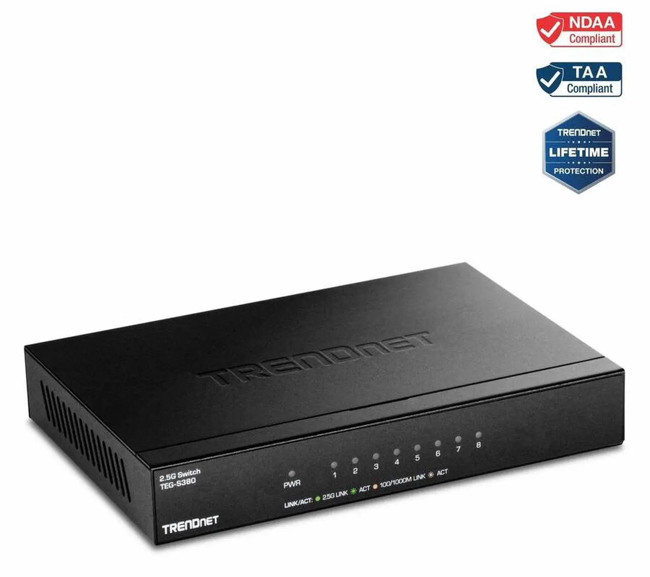 Main image of TRENDnet 8-Port Unmanaged 2.5G Switch, 8 x 2.5GBASE-T Ports, 40Gbps Switching Capacity, Backwards Compatible with 10-100-1000Mbps Devices, Fanless, Wall Mountable, Black, TEG-S380