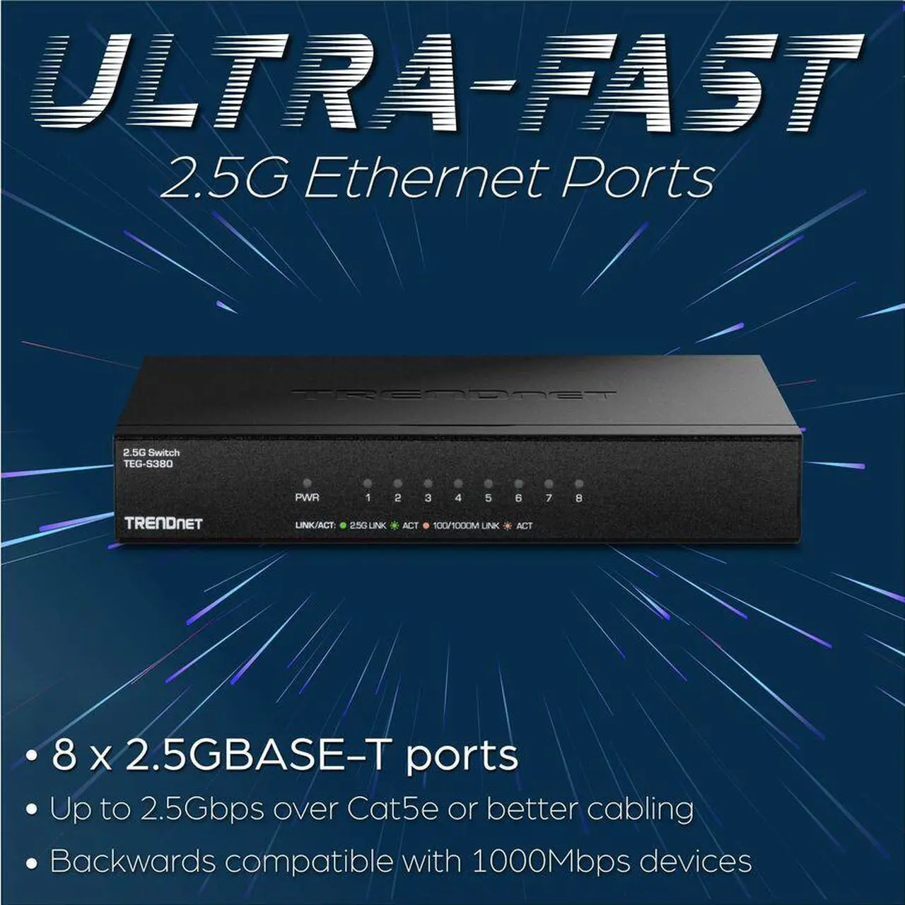 Alt view image 6 of 12 - TRENDnet 8-Port Unmanaged 2.5G Switch, 8 x 2.5GBASE-T Ports, 40Gbps Switching Capacity, Backwards Compatible with 10-100-1000Mbps Devices, Fanless, Wall Mountable, Black, TEG-S380