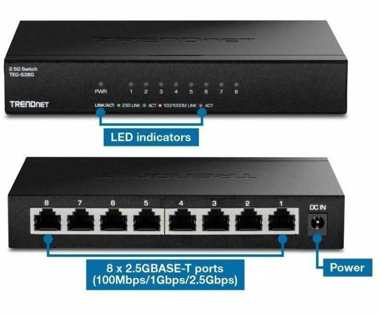 Alt view image 12 of 12 - TRENDnet 8-Port Unmanaged 2.5G Switch, 8 x 2.5GBASE-T Ports, 40Gbps Switching Capacity, Backwards Compatible with 10-100-1000Mbps Devices, Fanless, Wall Mountable, Black, TEG-S380