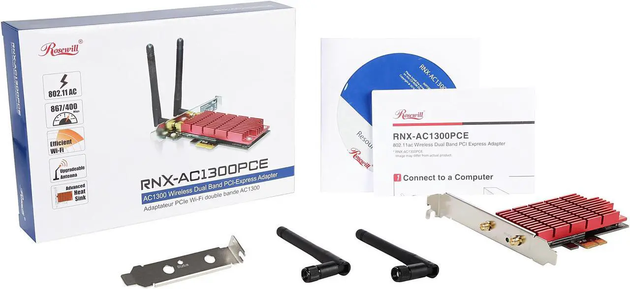 Alt view image 6 of 5 - Rosewill RNX-AC1300PCE WiFi Adapter / Wireless Adapter / PCI-E Network Card , 802.11AC Dual Band AC1300 PCI Express Network Adapter, 2.4 GHz 400 Mbps + 5 GHz 867 Mbps, Include Low-profile Bracket
