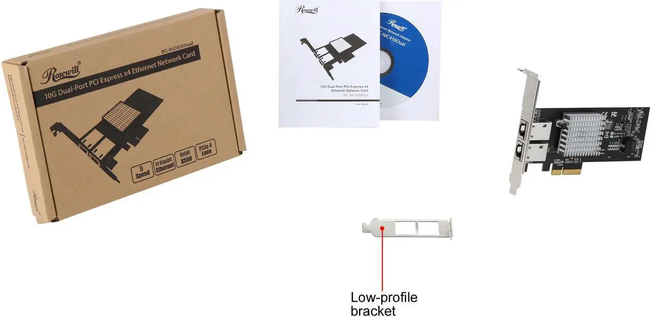 Alt view image 6 of 6 - Rosewill 10G PCI Express Dual Port 10 Gigabit Ethernet Network Adapter, Intel X550-AT2 Chipset, 10GBASE-T 5-Speed Network Interface Card, 2 x RJ45 Ports, Low-Profile Bracket - RC-NIC416Dual