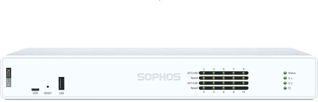 Main image of Sophos XGS 128 Network Security/Firewall Appliance 9 Port - 2.5GBase-T - 2.5 Gigabit Ethernet - 18.65 Gbit/s Firewall Throughput - TLS - 9 x RJ-45 - 2 Total Expansion Slots - Desktop, Rack-mountable