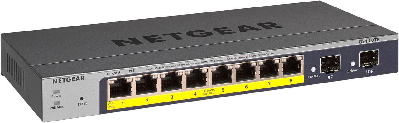 NETGEAR 8-Port Gigabit PoE+ Ethernet Smart Switch with 2 SFP Ports and Cloud Management (55W) | GS110TPv3