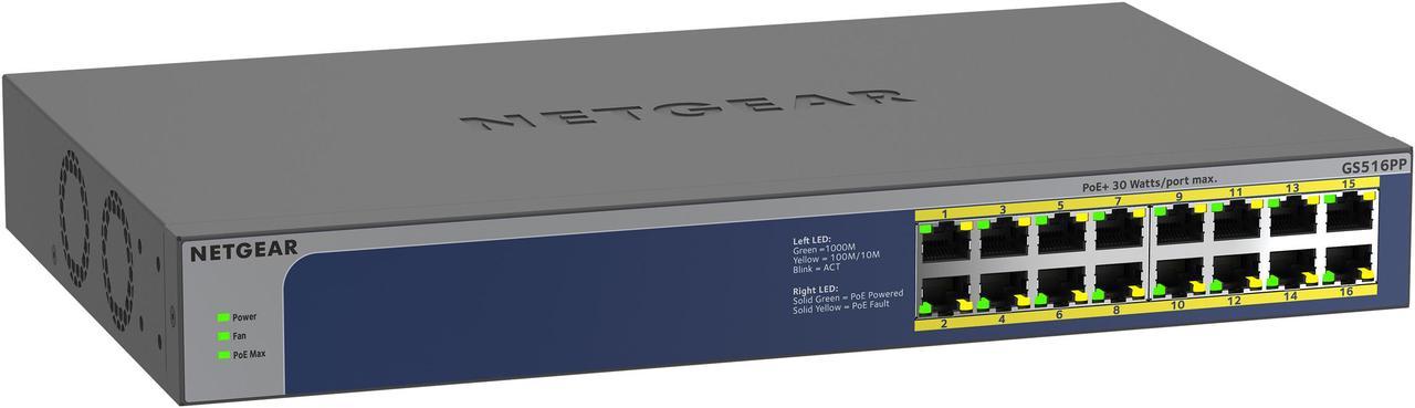 NETGEAR 16-Port Gigabit Ethernet High-Power PoE+ Unmanaged Switch (260W) | GS516PP