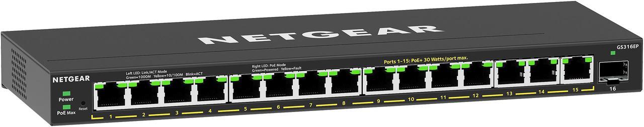 NETGEAR 16-Port PoE+ Gigabit Ethernet Plus Switch (180W) with 1 SFP Port | GS316EP