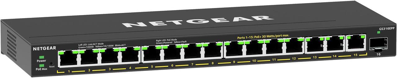 NETGEAR 16-Port High-Power PoE+ Gigabit Ethernet Plus Switch (231W) with 1 SFP Port | GS316EPP