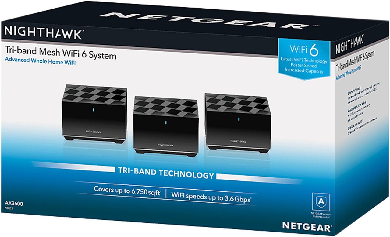 Alt view image 3 of 3 - NETGEAR Nighthawk Tri-band Whole Home Mesh WiFi 6 System (MK83) - AX3600 Router with 2 Satellite Extenders, Coverage up to 6,750 sq. ft.