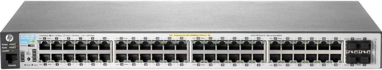 HPE Aruba 2530-48G-PoE+ - Switch - Managed - 48 x 10/100/1000 (PoE+) + 4 x Gigabit SFP - Desktop, Rack-mountable, Wall-mountable - PoE+ (J9772A#ABA)