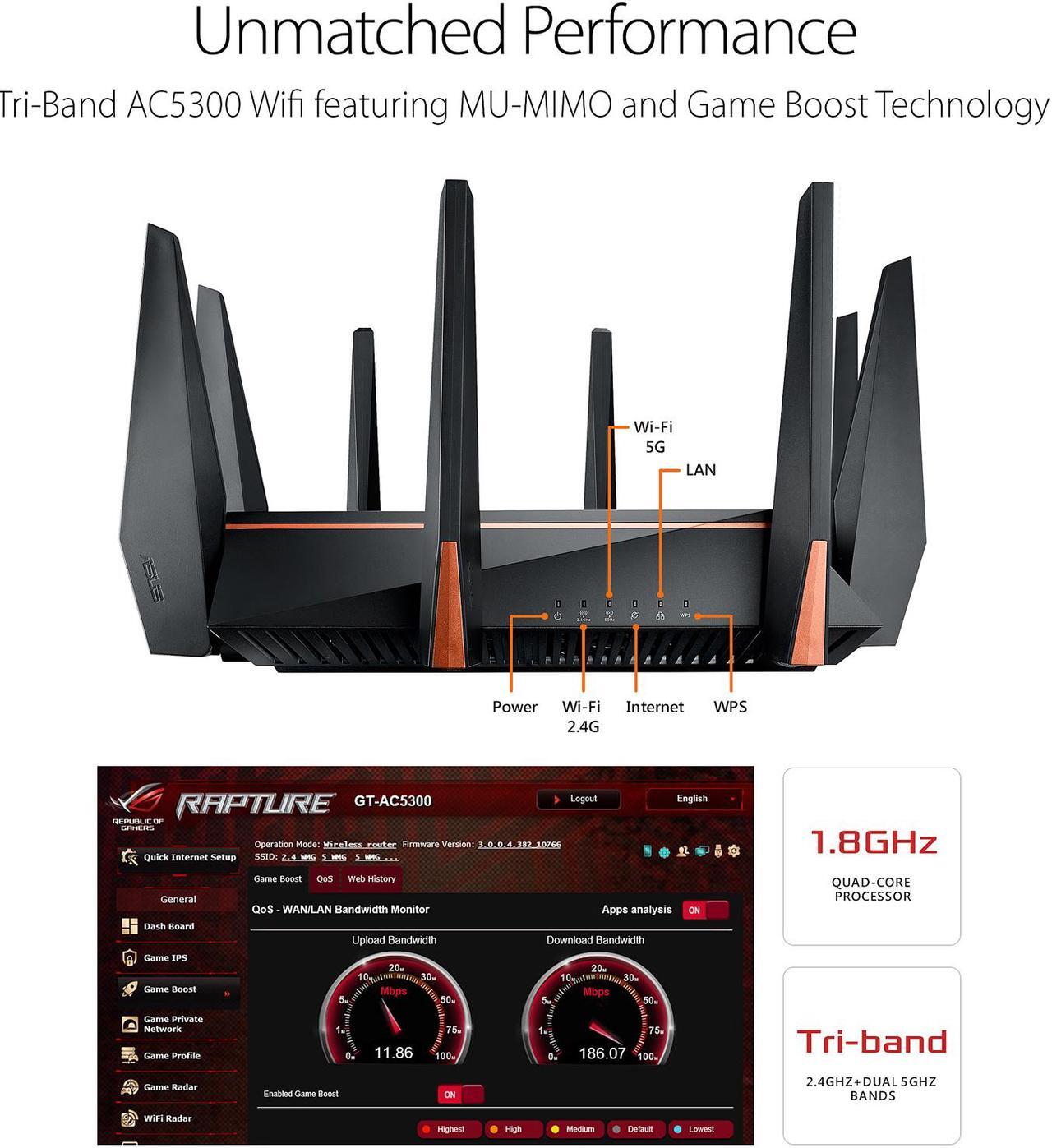 Alt view image 5 of 8 - ASUS Gaming Router Tri-band Wi-Fi (Up to 5334 Mbps) for VR & 4K Streaming, 1.8GHz Quad-Core Processor, Gaming Port, Whole Home Mesh System, & AiProtection Network with 8xGigabit LAN Ports (GT-AC5300)