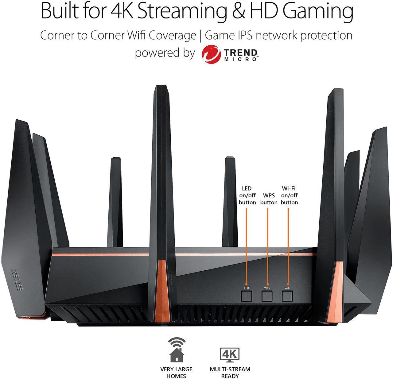 Alt view image 3 of 8 - ASUS Gaming Router Tri-band Wi-Fi (Up to 5334 Mbps) for VR & 4K Streaming, 1.8GHz Quad-Core Processor, Gaming Port, Whole Home Mesh System, & AiProtection Network with 8xGigabit LAN Ports (GT-AC5300)