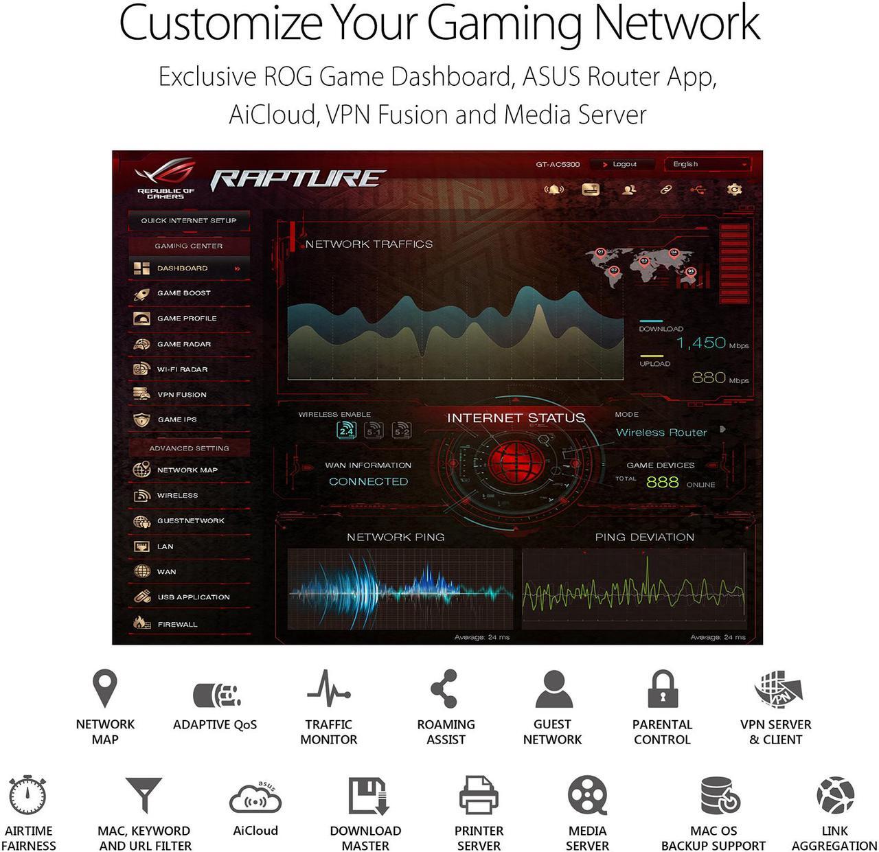 Alt view image 6 of 8 - ASUS Gaming Router Tri-band Wi-Fi (Up to 5334 Mbps) for VR & 4K Streaming, 1.8GHz Quad-Core Processor, Gaming Port, Whole Home Mesh System, & AiProtection Network with 8xGigabit LAN Ports (GT-AC5300)