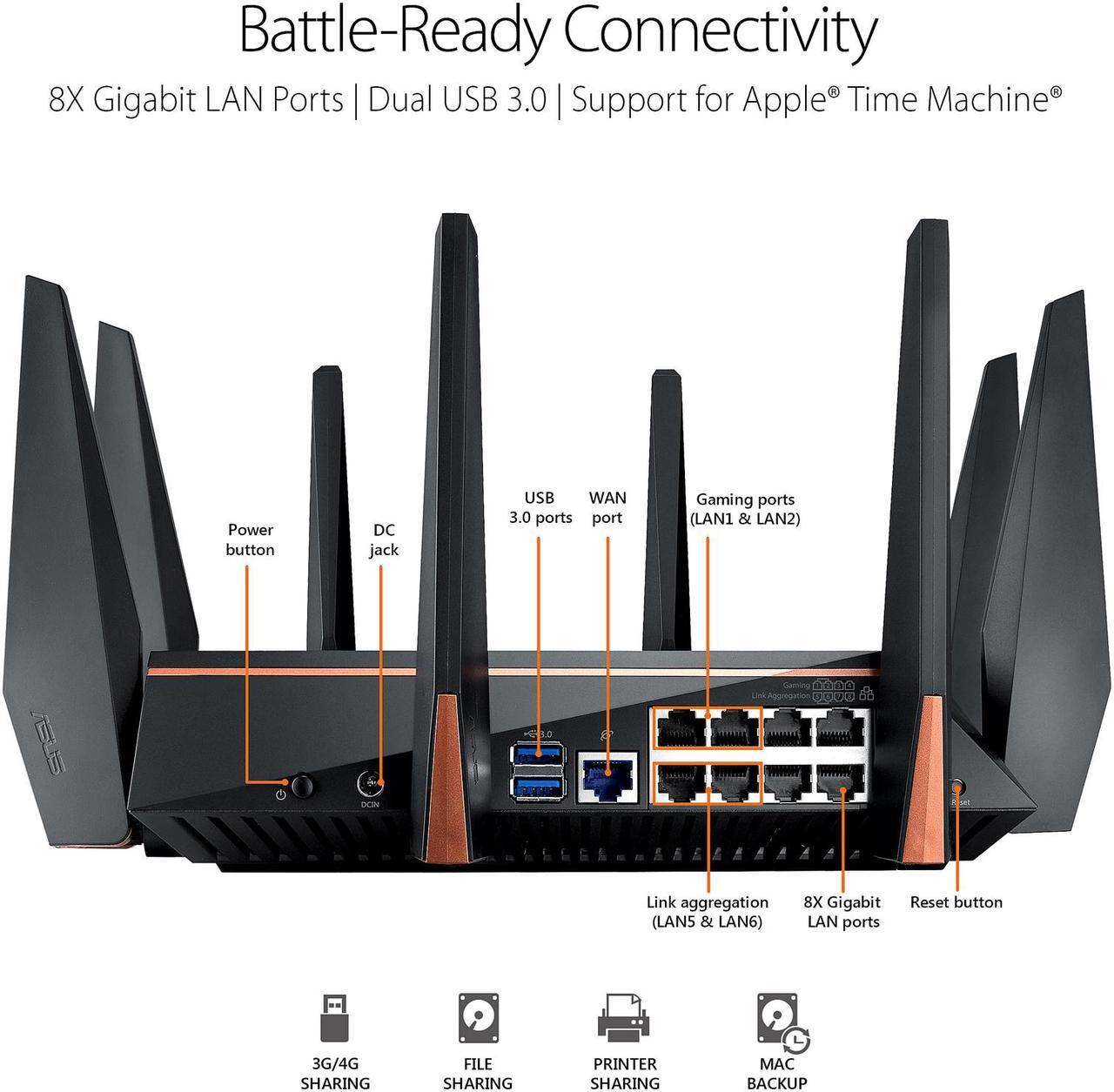 Alt view image 4 of 8 - ASUS Gaming Router Tri-band Wi-Fi (Up to 5334 Mbps) for VR & 4K Streaming, 1.8GHz Quad-Core Processor, Gaming Port, Whole Home Mesh System, & AiProtection Network with 8xGigabit LAN Ports (GT-AC5300)