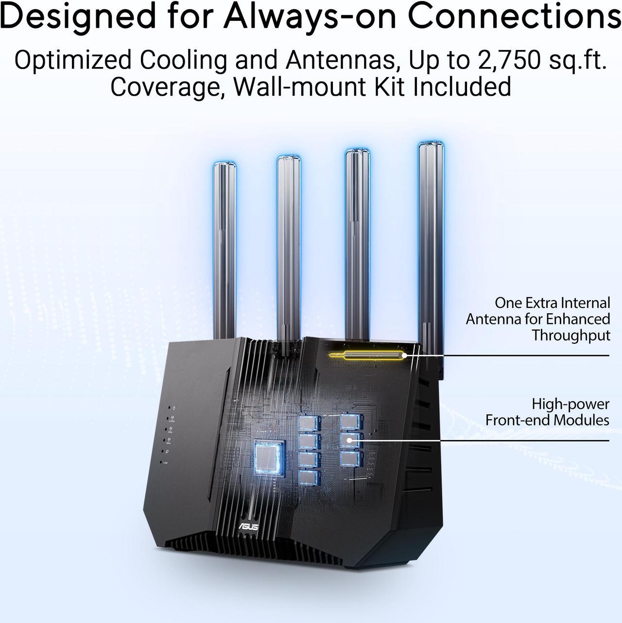 Alt view image 5 of 6 - ASUS RT-BE92 Tri-band WiFi 7 Router, supports new 320MHz bandwidth & 4096-QAM, MLO, AI WAN detection, AiMesh support, subscription-free network security, comprehensive VPN (BE9700)