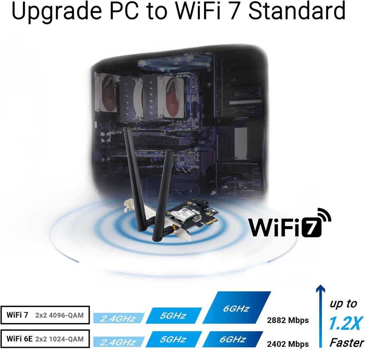 Alt view image 4 of 7 - ASUS BE6500 Tri Band PCI-E WiFi 7 (802.11be). Bluetooth 5.4, WPA3 Network Security, OFDMA and MU-MIMO, Multi-Link Operation