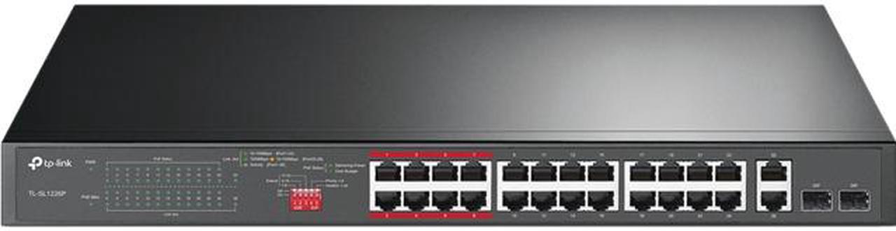 Main image of TP-Link 24 Port Fast Ethernet PoE Switch | 24 PoE+ Ports @250W, w/ 2 Uplink Gigabit Ports and 2 Combo SFP Slots | Plug & Play | Extend Mode | Priority Mode (TL-SL1226P)