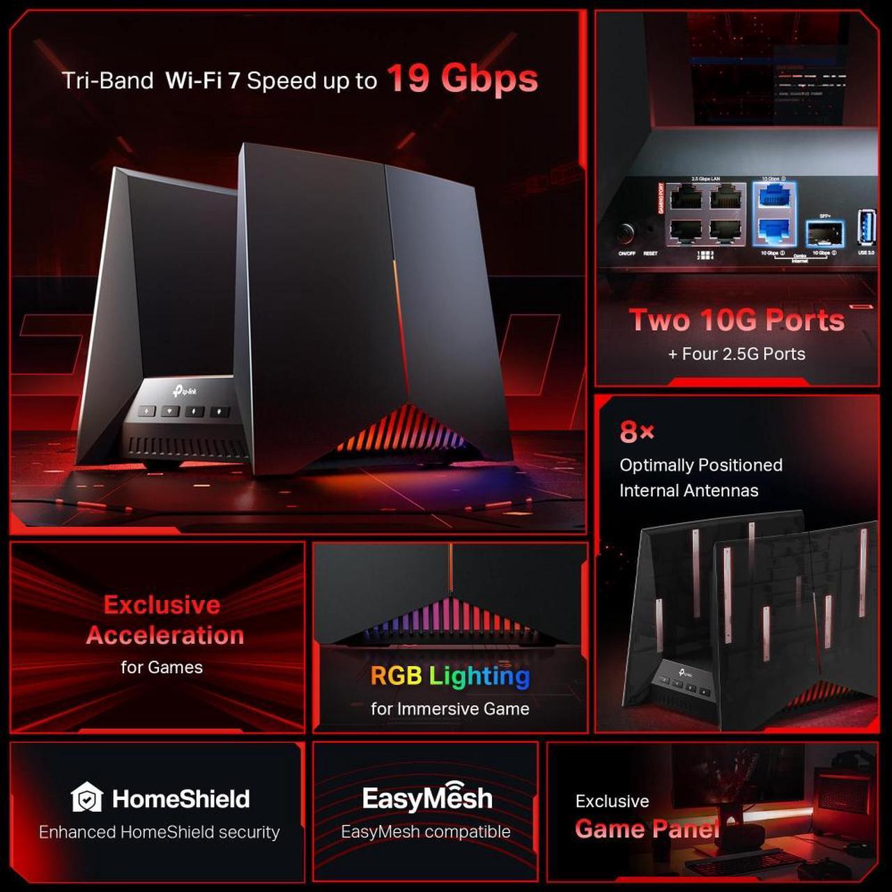 Alt view image 4 of 10 - TP-Link Tri-Band BE19000 Wi-Fi 7 Gaming Router Archer GE800 | 12-Stream 19 Gbps | 2×10G + 4×2.5G Ports, USB 3.0 | Quad Acceleration, Dedicated Band for Gaming | Game Panel, RGB