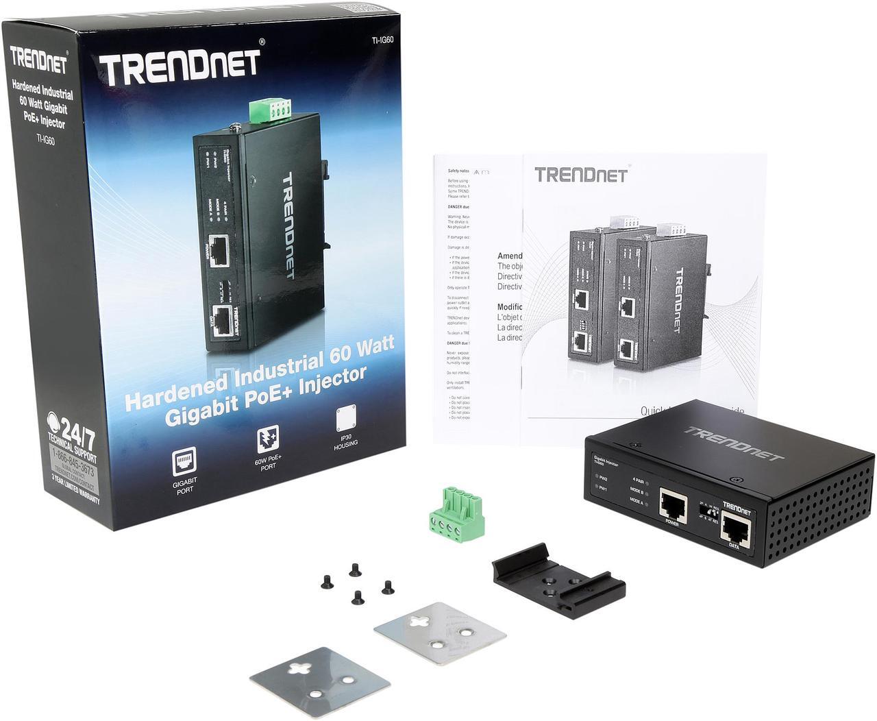 Alt view image 7 of 6 - TRENDnet Hardened Industrial 60W Gigabit PoE+ Injector, DIN-Rail Mount, IP30 Rated Housing, Includes DIN-rail & Wall Mounts, TI-IG60