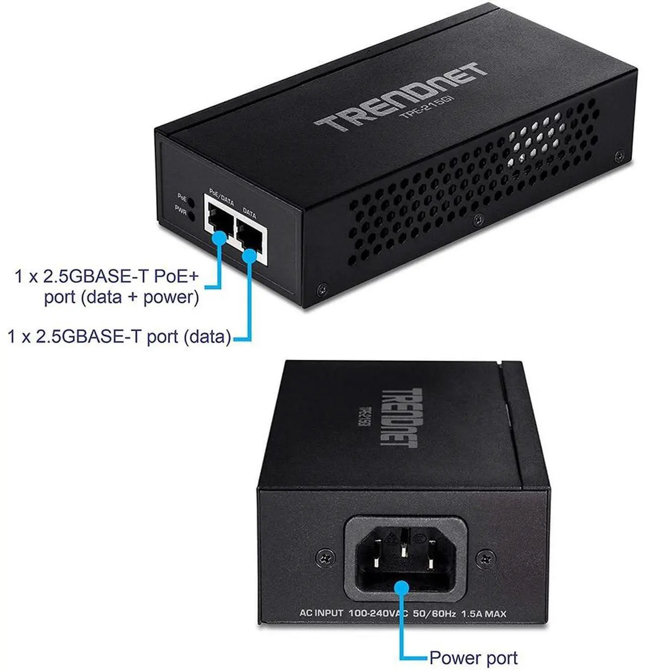 Alt view image 5 of 10 - TRENDnet 2.5G PoE+ Injector, TPE-215GI, PoE (15.4W) or PoE+ (30W), Converts a non-PoE Port to a PoE+ 2.5G Port, 2.5GBASE-T Compliant, Integrated Power Supply, Network a PoE device up to 100m (328 ft.)
