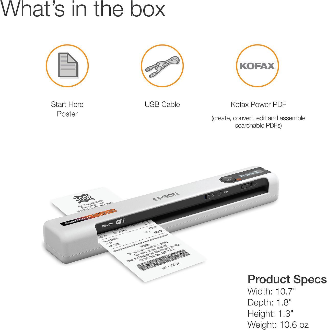 Alt view image 7 of 12 - Epson RapidReceipt RR-70W Wireless Mobile Receipt and Color Document Scanner