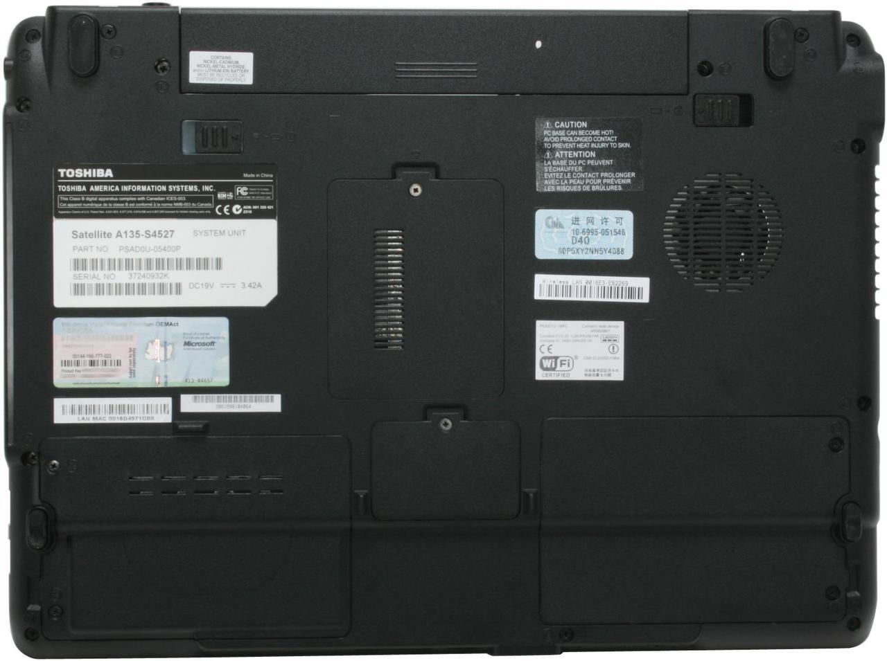 Alt view image 10 of 15 - TOSHIBA Laptop Satellite Intel Pentium T2080 1GB Memory 120GB HDD Intel GMA 950 15.4" Windows Vista Home Premium A135-S4527