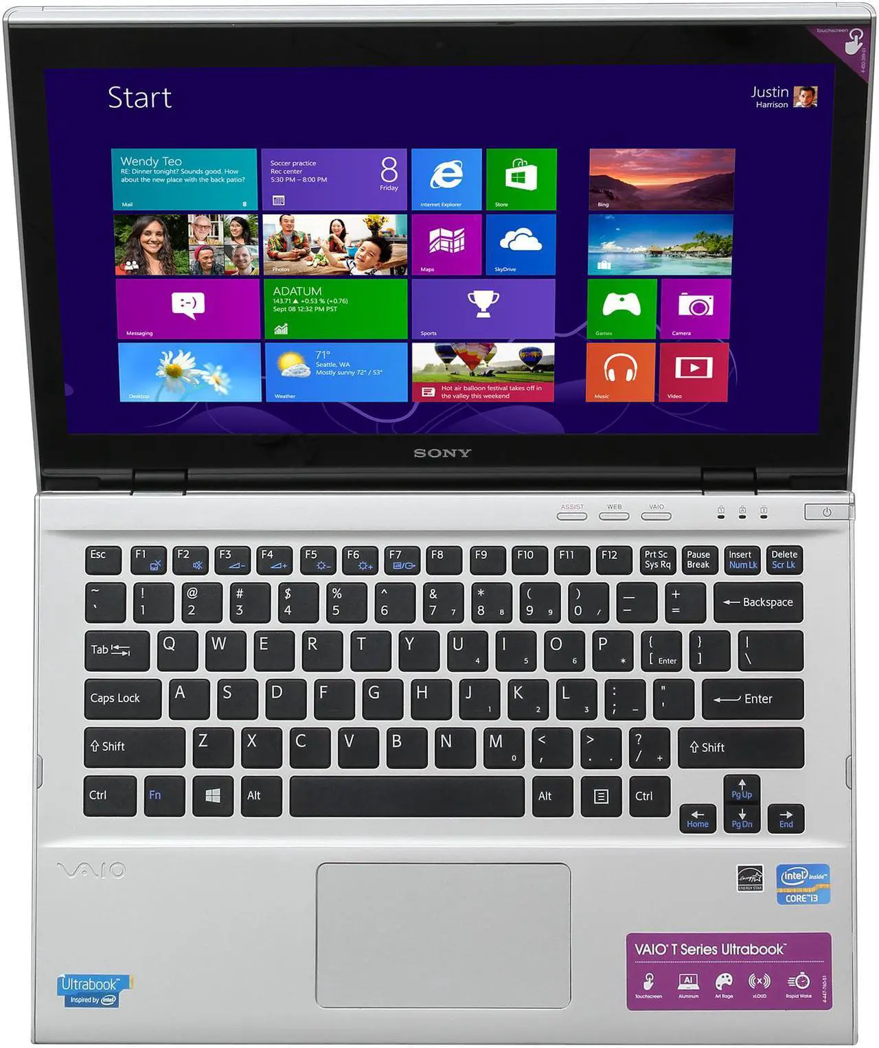 Alt view image 6 of 8 - SONY Ultrabook VAIO T Series Intel Core i3-3217U 4GB Memory 500GB + 32GB MLC Hybrid(5400rpm Hybrid) HDD Intel HD Graphics 4000 13.3" Touch Screen Windows 8 64-bit SVT13124CXS