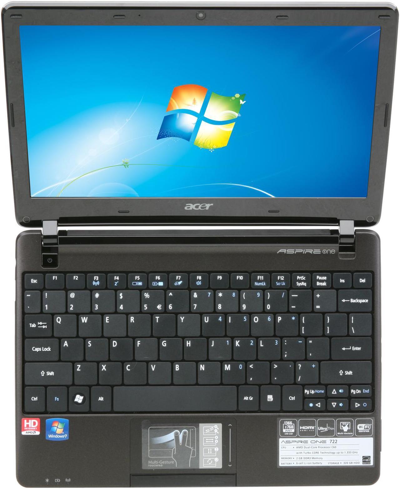 Alt view image 6 of 8 - Acer Aspire One AO722-0473 Espresso Black AMD Dual-Core Processor C-60 (1.00 GHz) 11.6" 2GB Memory 320GB HDD Netbook