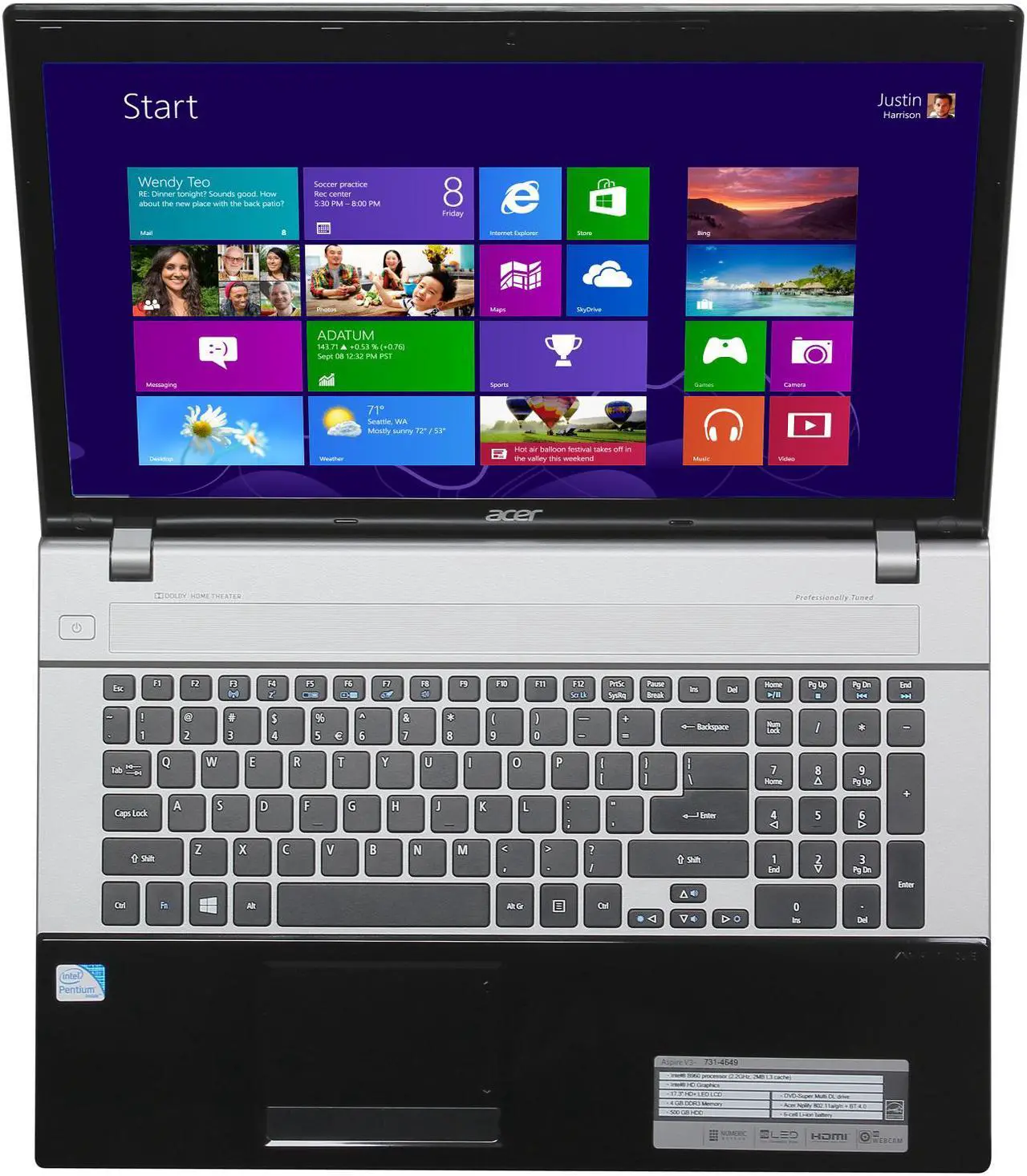 Alt view image 6 of 8 - Acer Laptop Aspire Intel Pentium B960 4GB Memory 500GB HDD Intel HD Graphics 17.3" Windows 8 V3-731-4649