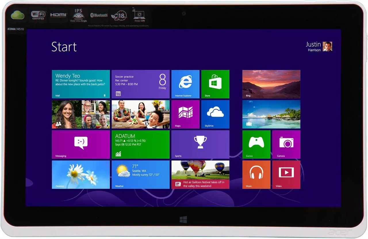 Alt view image 2 of 11 - Acer Iconia Tab W510-1422 Intel Atom Z2760(1.80GHz) 10.1" 2GB Memory 64GB internal storage Tablet - Windows 8 -silver