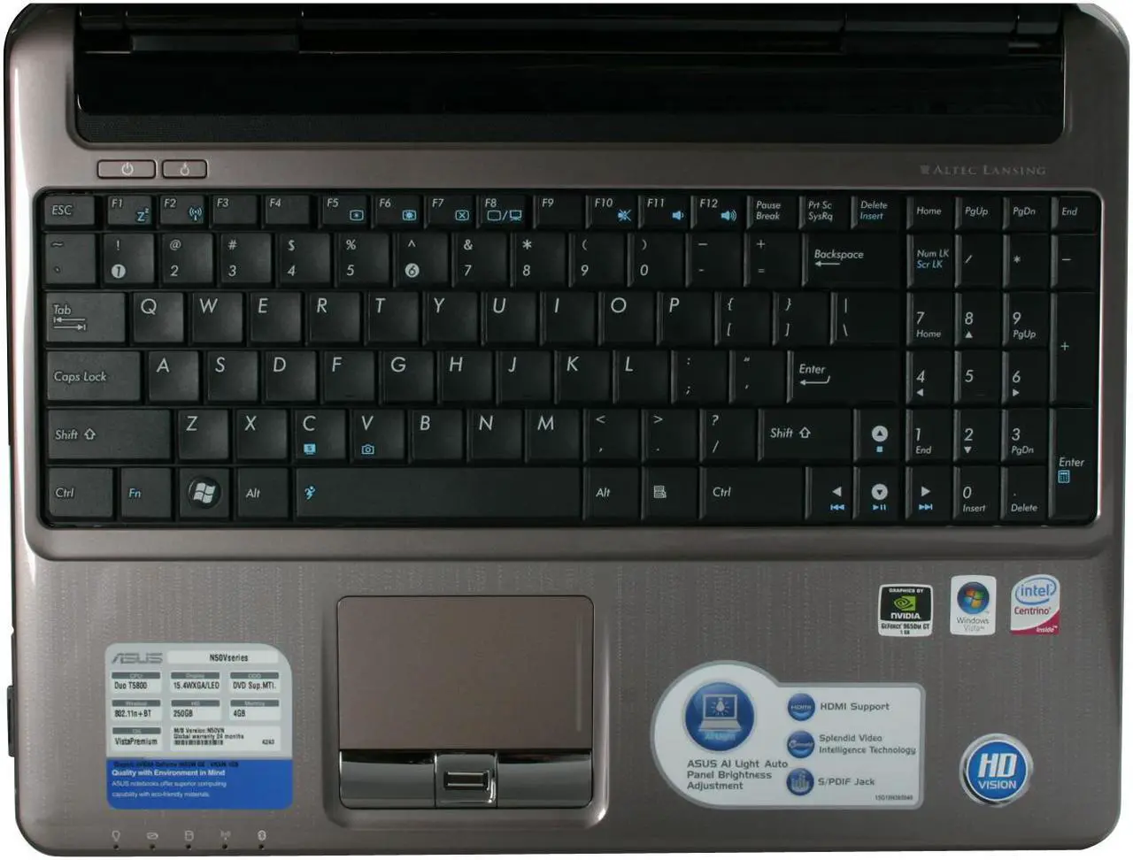 Alt view image 10 of 20 - ASUS Laptop Intel Core 2 Duo T5800 4GB Memory 250GB HDD NVIDIA GeForce 9650M GT 15.4" Windows Vista Home Premium N50Vn-A1B