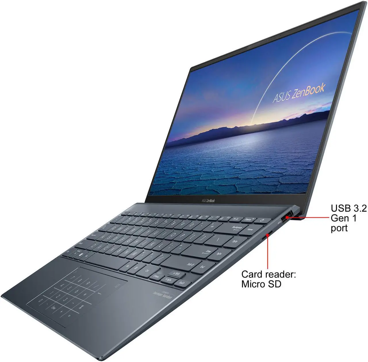 Alt view image 2 of 8 - ASUS ZenBook 14 Ultra-Slim Laptop 14" Full HD NanoEdge Bezel Display, Intel Core i7-1165G7, 8 GB RAM, 512 GB PCIe SSD, NumberPad, Thunderbolt 4, Windows 10 Home, Pine Grey, UX425EA-EH71