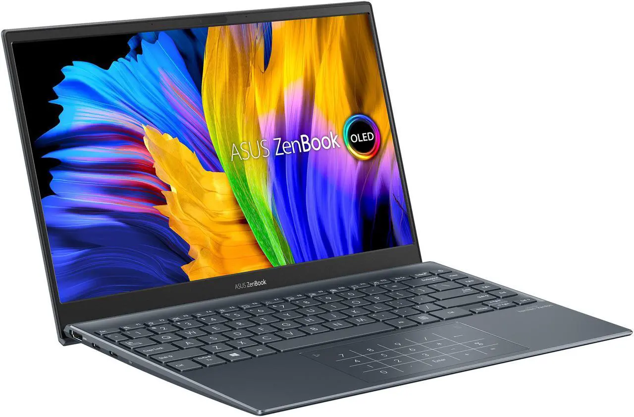 Alt view image 5 of 20 - ASUS ZenBook 13 Ultra-Slim Laptop, 13.3" OLED FHD NanoEdge Bezel Display, AMD Ryzen 7 5700U, 8GB LPDDR4X RAM, 512GB PCIe SSD, NumberPad, Wi-Fi 5, Windows 10 Home, Pine Grey, UM325UA-DS71