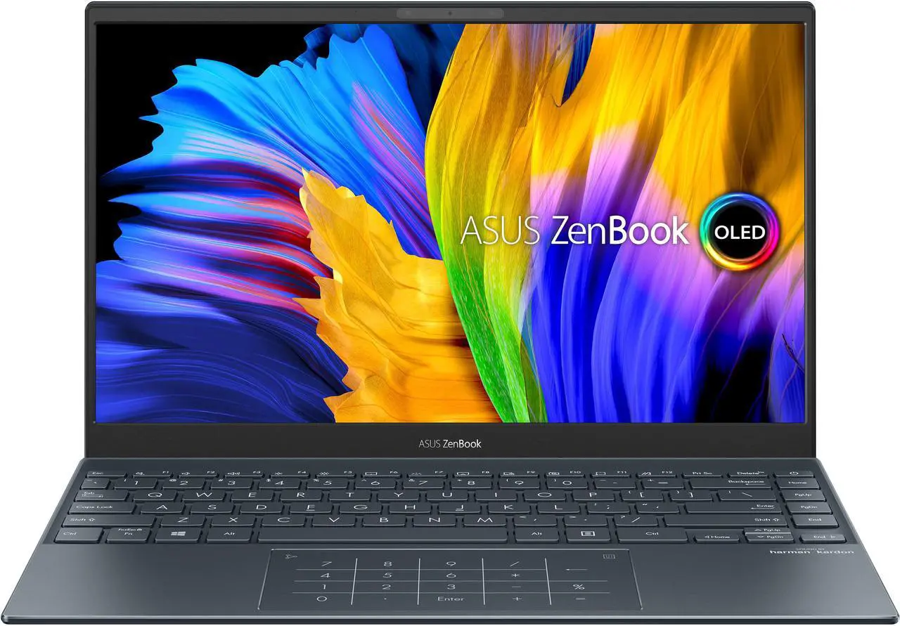 Main image of ASUS ZenBook 13 Ultra-Slim Laptop, 13.3" OLED FHD NanoEdge Bezel Display, AMD Ryzen 7 5700U, 8GB LPDDR4X RAM, 512GB PCIe SSD, NumberPad, Wi-Fi 5, Windows 10 Home, Pine Grey, UM325UA-DS71
