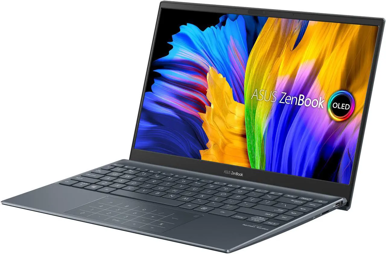 Alt view image 3 of 20 - ASUS ZenBook 13 Ultra-Slim Laptop, 13.3" OLED FHD NanoEdge Bezel Display, AMD Ryzen 7 5700U, 8GB LPDDR4X RAM, 512GB PCIe SSD, NumberPad, Wi-Fi 5, Windows 10 Home, Pine Grey, UM325UA-DS71