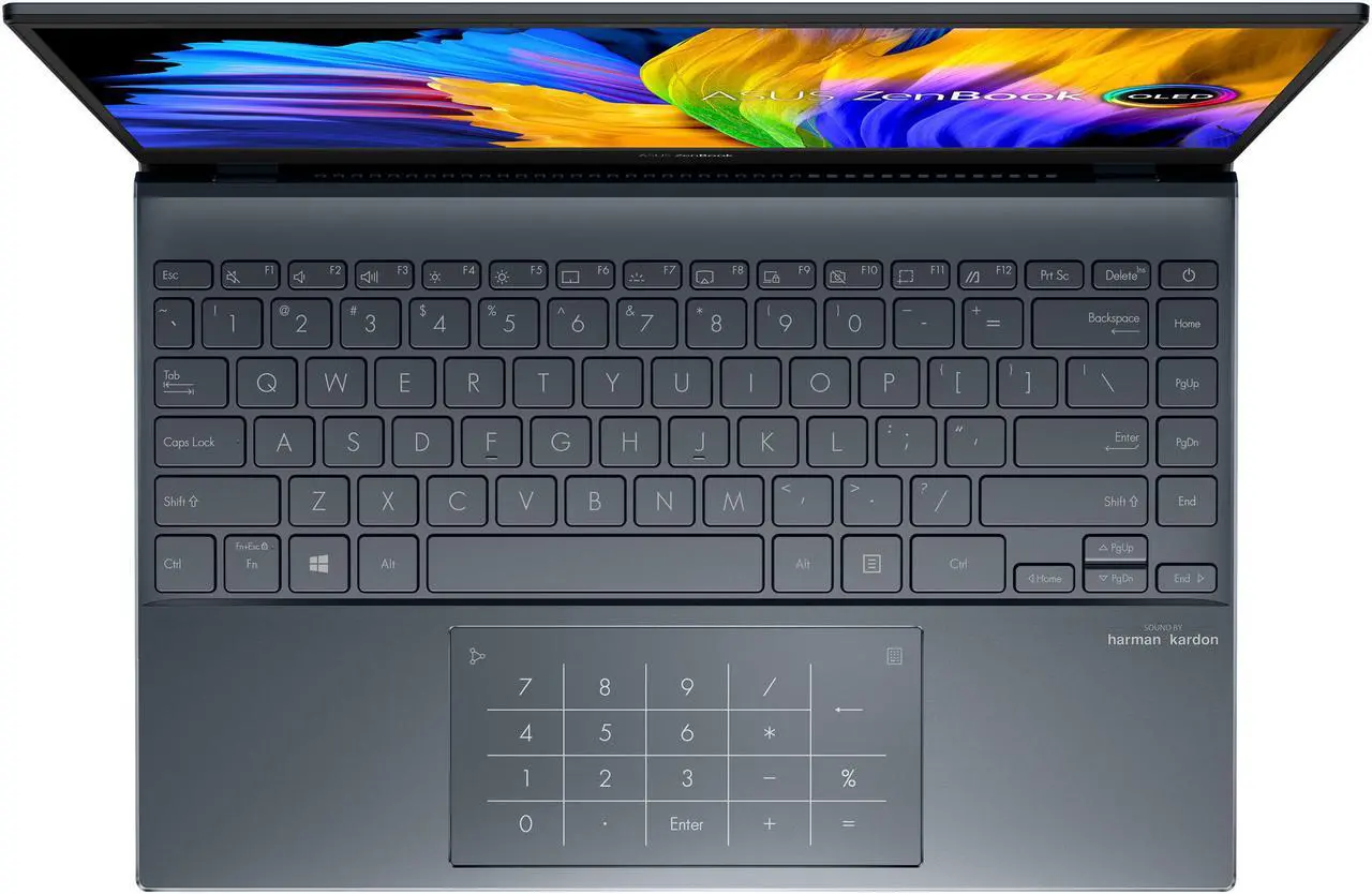 Alt view image 9 of 20 - ASUS ZenBook 13 Ultra-Slim Laptop, 13.3" OLED FHD NanoEdge Bezel Display, AMD Ryzen 7 5700U, 8GB LPDDR4X RAM, 512GB PCIe SSD, NumberPad, Wi-Fi 5, Windows 10 Home, Pine Grey, UM325UA-DS71