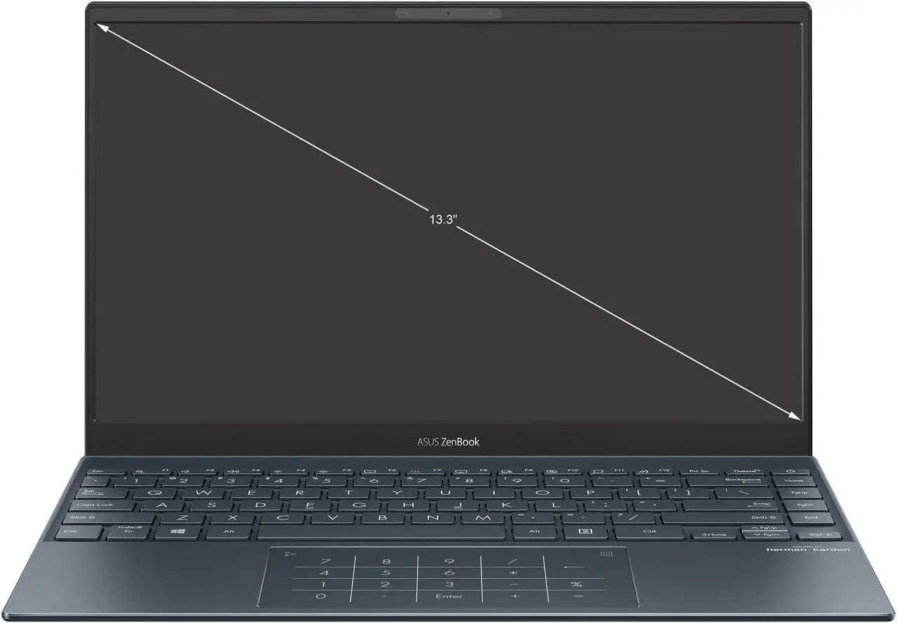 Alt view image 2 of 20 - ASUS ZenBook 13 Ultra-Slim Laptop, 13.3" OLED FHD NanoEdge Bezel Display, AMD Ryzen 7 5700U, 8GB LPDDR4X RAM, 512GB PCIe SSD, NumberPad, Wi-Fi 5, Windows 10 Home, Pine Grey, UM325UA-DS71