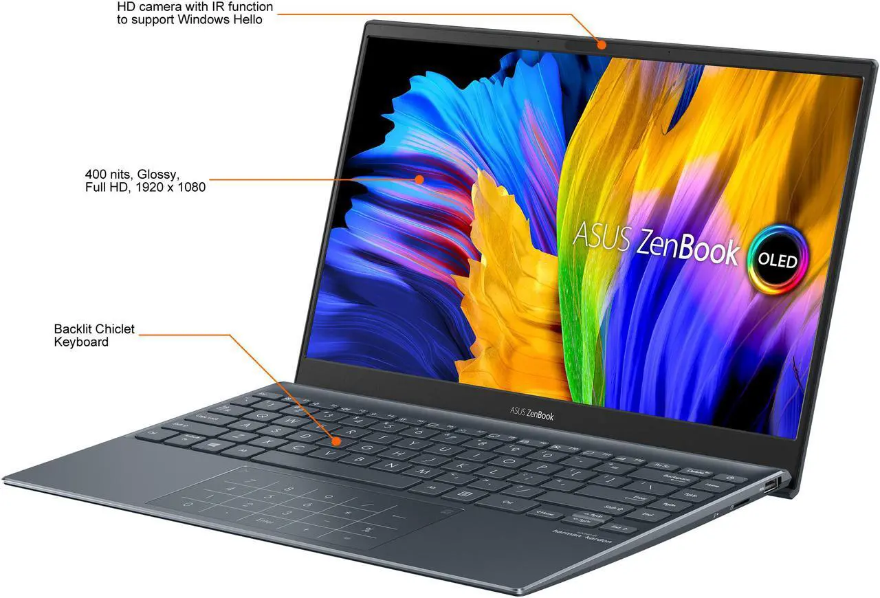 Alt view image 4 of 20 - ASUS ZenBook 13 Ultra-Slim Laptop, 13.3" OLED FHD NanoEdge Bezel Display, AMD Ryzen 7 5700U, 8GB LPDDR4X RAM, 512GB PCIe SSD, NumberPad, Wi-Fi 5, Windows 10 Home, Pine Grey, UM325UA-DS71