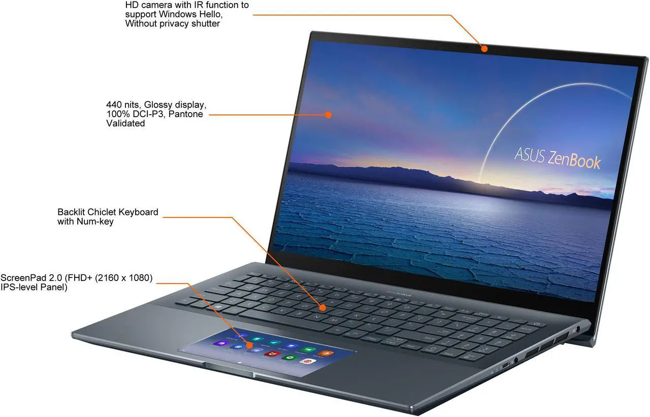 Alt view image 4 of 20 - ASUS ZenBook Pro 15 OLED Ultra-Slim Laptop 15.6" 4K UHD OLED NanoEdge Bezel Touch Display, Intel Core i7-10750H, NVIDIA GeForce GTX 1650 Ti, 16GB RAM, 1TB PCIe SSD, ScreenPad 2.0, Thunderbolt 3, Windows 10 Pro, Pine Grey, UX535LI-IH77T