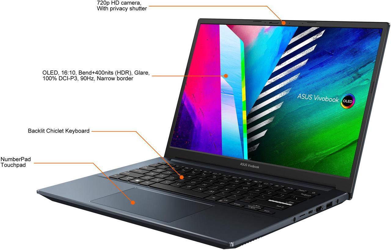 Alt view image 3 of 20 - ASUS VivoBook Pro 14 OLED Slim Laptop, 14" WQXGA+ 16:10 OLED Display, AMD Ryzen 7 5800H CPU, NVIDIA GeForce RTX 3050, 16GB RAM, 1TB SSD, Windows 11 Pro, Quiet Blue, M3401QC-EB74