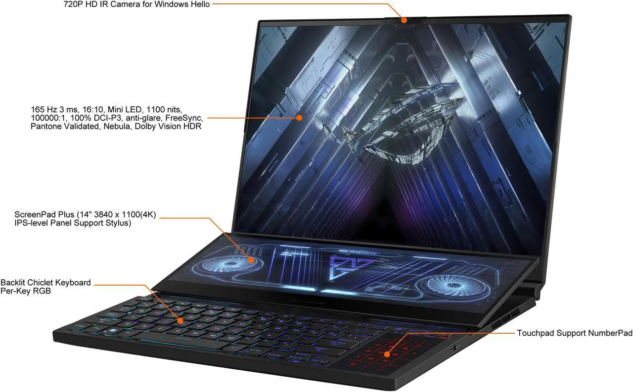 Alt view image 3 of 20 - ASUS ROG Zephyrus Duo 16 (2022) Gaming Laptop, 16" 165Hz ROG Nebula HDR QHD 16:10 Display, NVIDIA GeForce RTX 3070 Ti, AMD Ryzen 9 6900HX, 32GB DDR5, 1TB SSD, Windows 11 Pro, GX650RW-XS96
