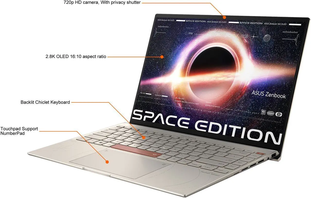 Alt view image 5 of 20 - ASUS ZenBook 14X OLED Space Edition Laptop, 14" 2.8K 16:10 OLED Touch Display, Intel Core i9-12900H CPU, 32GB RAM, 1TB SSD, Windows 11 Pro, ZenVision Display, UX5401ZAS-XS99T