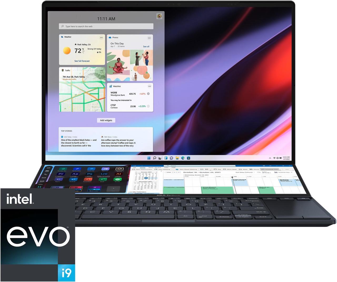 Main image of ASUS Zenbook Pro 14 Duo OLED 14.5" 2.8K OLED Touch, 120Hz Refresh Rate, ScreenPad Plus, Intel i9-12900H CPU, RTX 3050 Ti, 32GB RAM, 2TB SSD, Windows 11 Home, Tech Black, UX8402ZE-IB99T