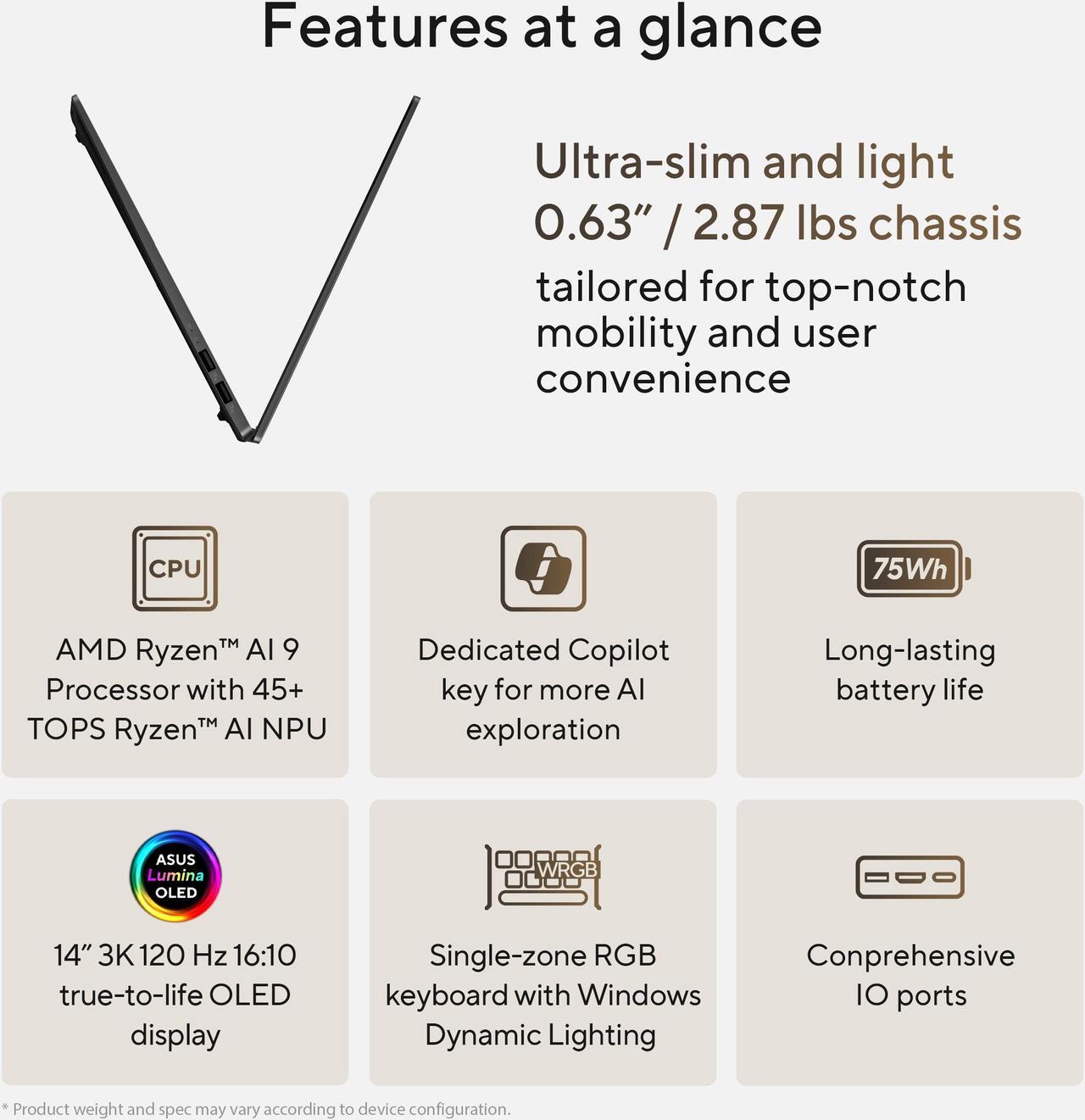 Alt view image 9 of 16 - ASUS Vivobook S 14" Copilot+ PC Laptop AMD Ryzen AI 9 365  24 GB LPDDR5X Memory 512 GB PCIe SSD AMD Radeon 880M Windows 11 Home 64-bit M5406WA-DS76