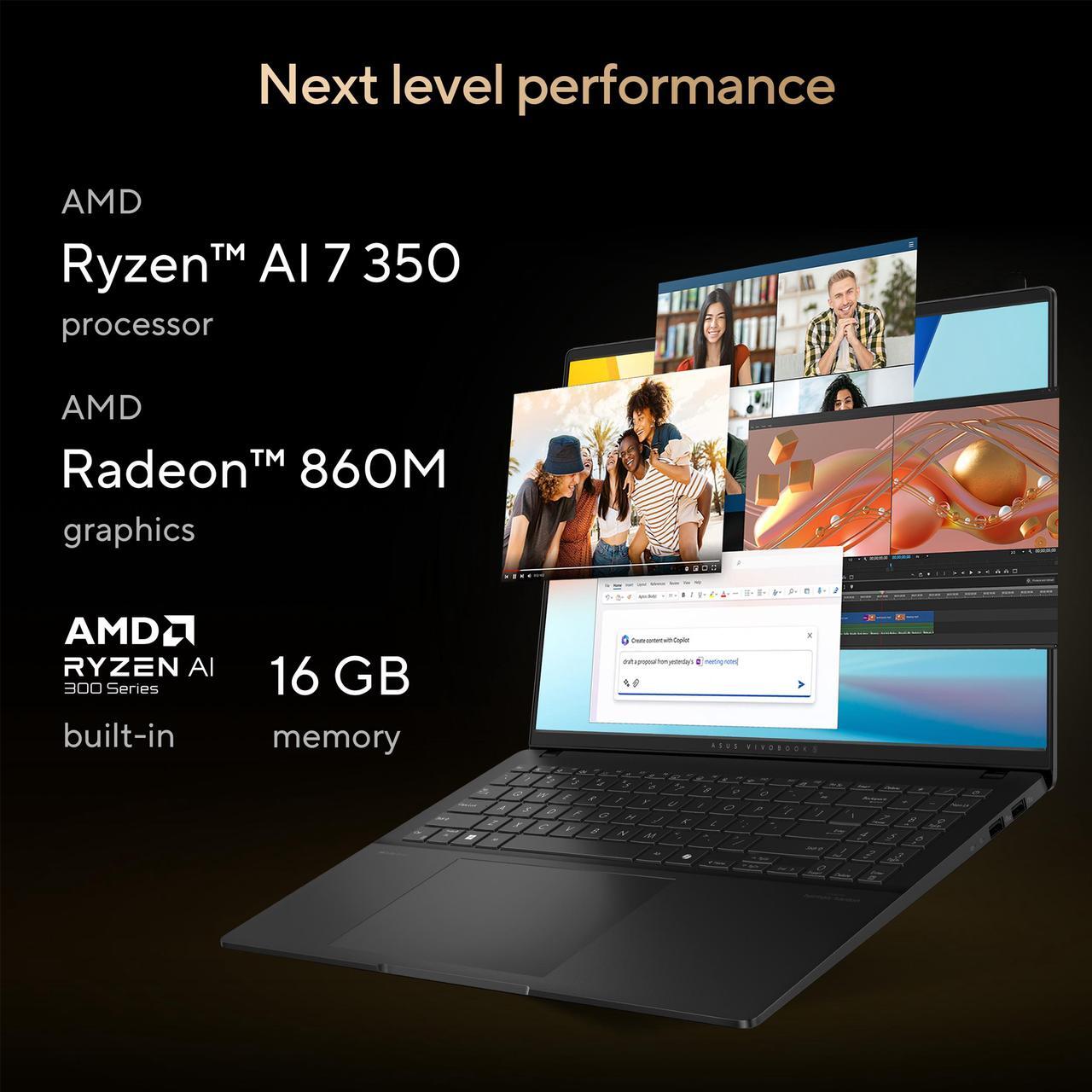 Alt view image 5 of 10 - ASUS Vivobook S16 16" Copilot+ PC Laptop AMD Ryzen AI 7 350 16GB Memory 1 TB NVMe SSD AMD Radeon 860M 1 Windows 11 Home M5606KA-DS76