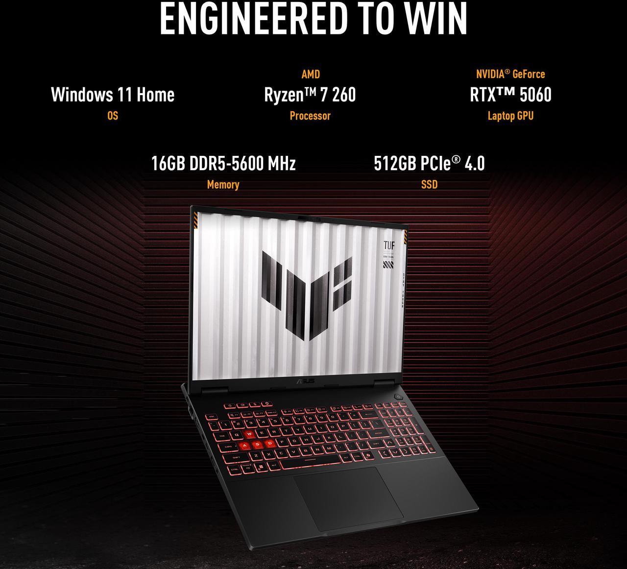 Alt view image 6 of 12 - ASUS TUF Gaming A16 - 16" GeForce RTX 5060 Laptop GPU - AMD Ryzen 7 260  - 16GB Memory - 512 GB NVMe SSD - Windows 11 Home - Gaming Laptop - 165 Hz IPS (FA608UM-NS73 )