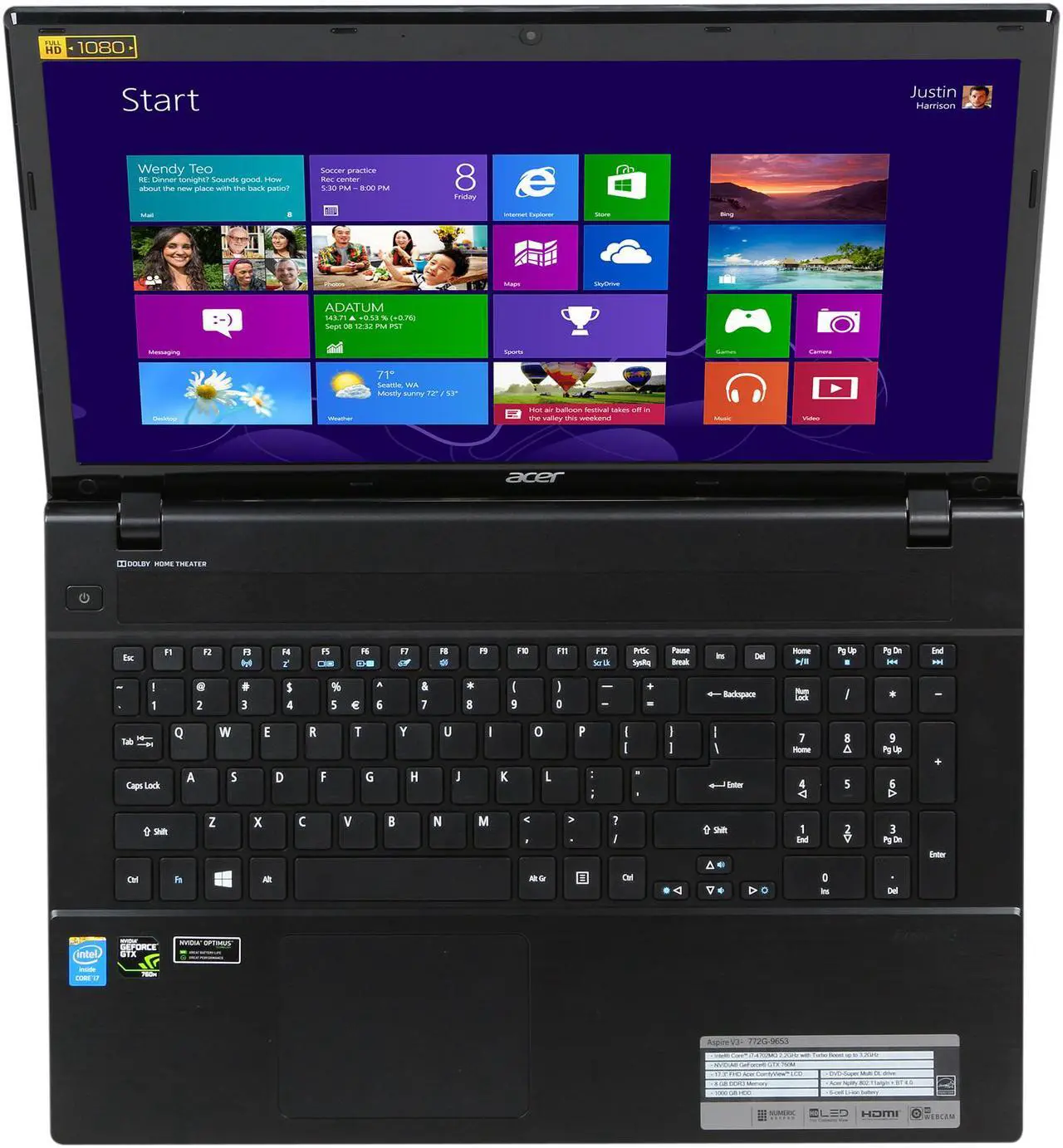 Alt view image 6 of 8 - Acer Aspire - 17.3" NVIDIA GeForce GTX 760M - Intel Core i7-4702MQ  - 8GB Memory - - Windows 8 - Gaming Laptop - (V3-772G-9653 )