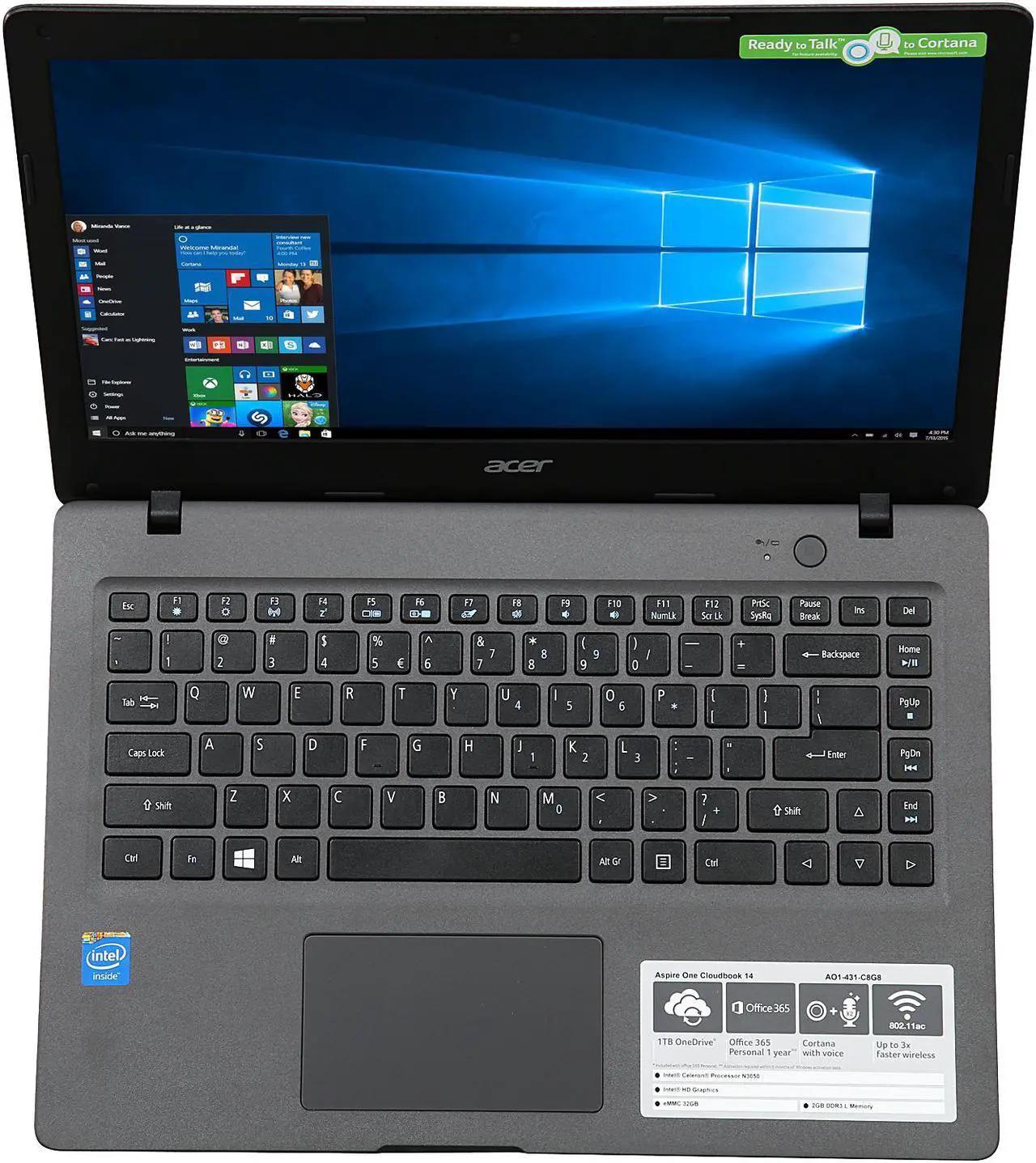 Alt view image 7 of 8 - Acer Laptop Aspire One Cloudbook AO1-431-C8G8 Intel Celeron N3050 (1.60 GHz) 2 GB DDR3L Memory 32 GB Flash SSD Intel HD Graphics 14.0" Windows 10 Home 64-Bit (Manufacturer Recertified)