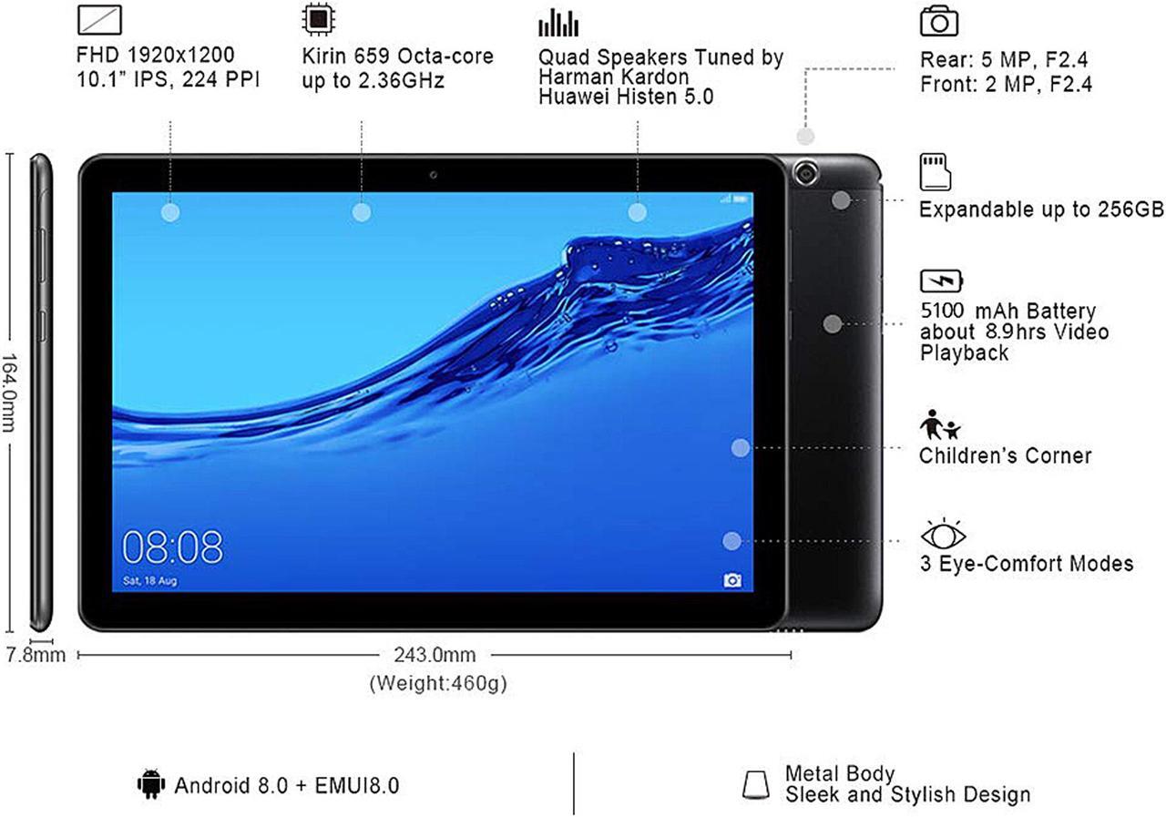 Alt view image 3 of 8 - Huawei MediaPad T5 10.1" WiFi Tablet, Metal Body, Octa-Core Processor, Dual Stereo Speakers, 2 GB RAM, 16 GB Flash Memory, Android 8.0, Black - Agassi2-W19A 53010FBR